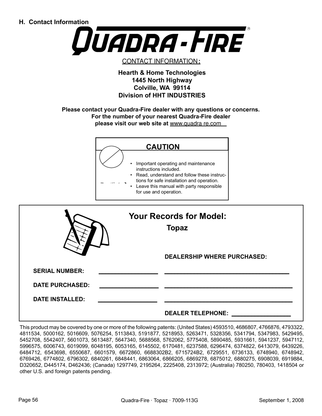 Hearth and Home Technologies 844-4120, 839-1340, 839-1320, 839-1290, TOPAZ-D-CWL Topaz, Contact Information, Dealer Telephone 