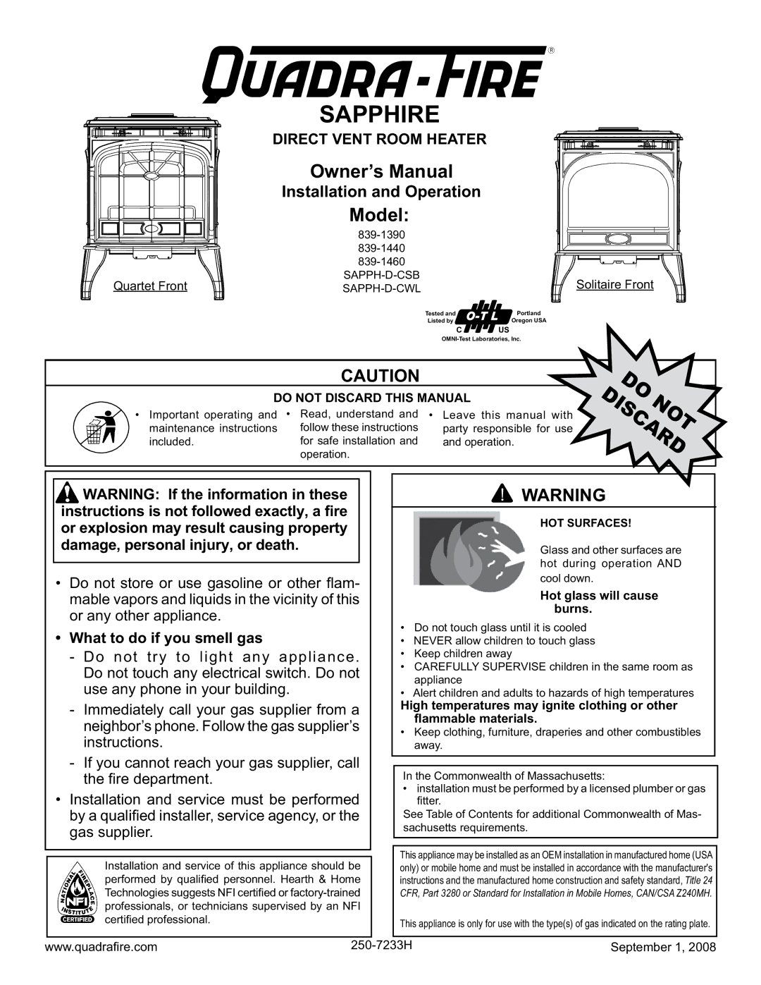 Hearth and Home Technologies 839-1440 owner manual What to do if you smell gas, Do not Discard this Manual, Do Discardnot 