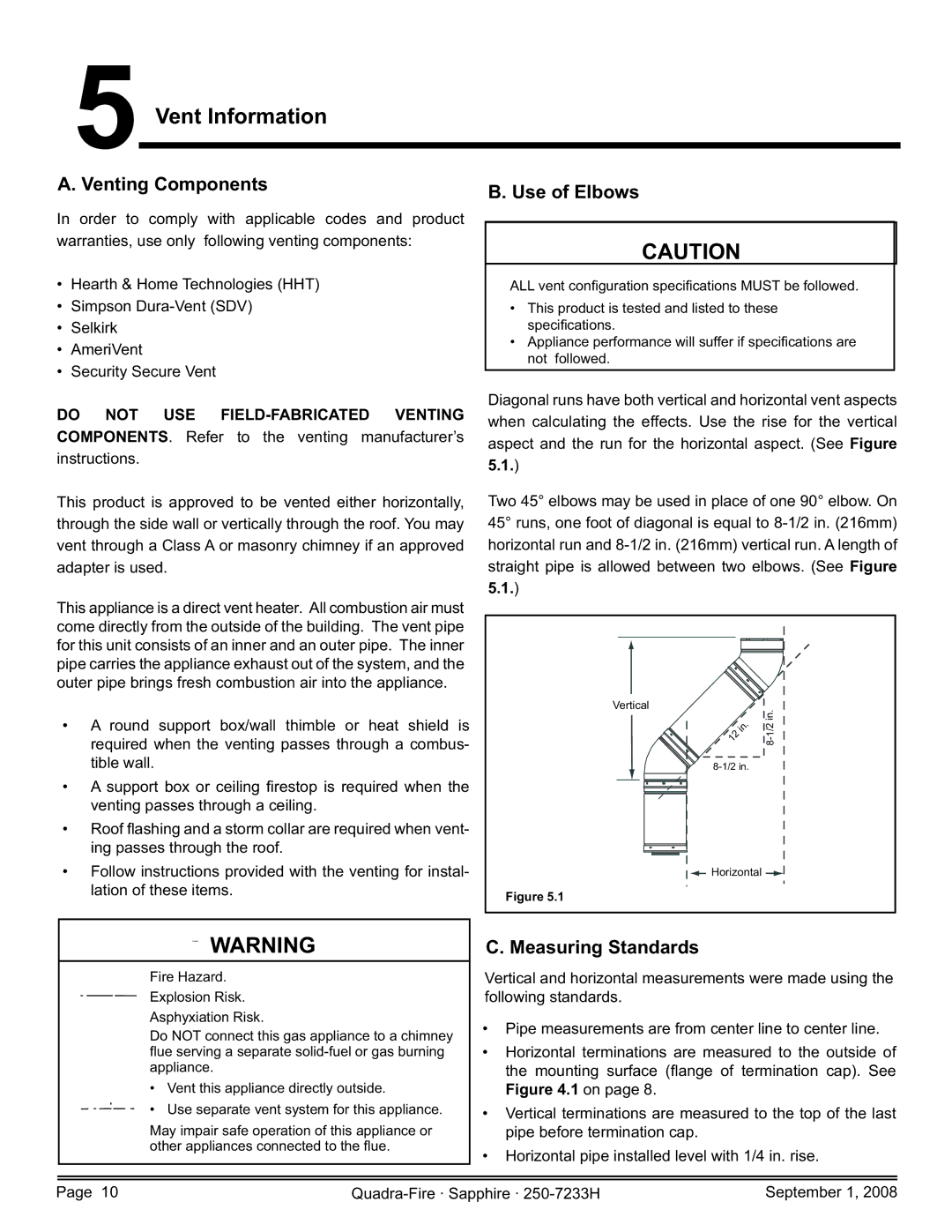 Hearth and Home Technologies 839-1390, 839-1440 Vent Information, Venting Components, Use of Elbows, Measuring Standards 