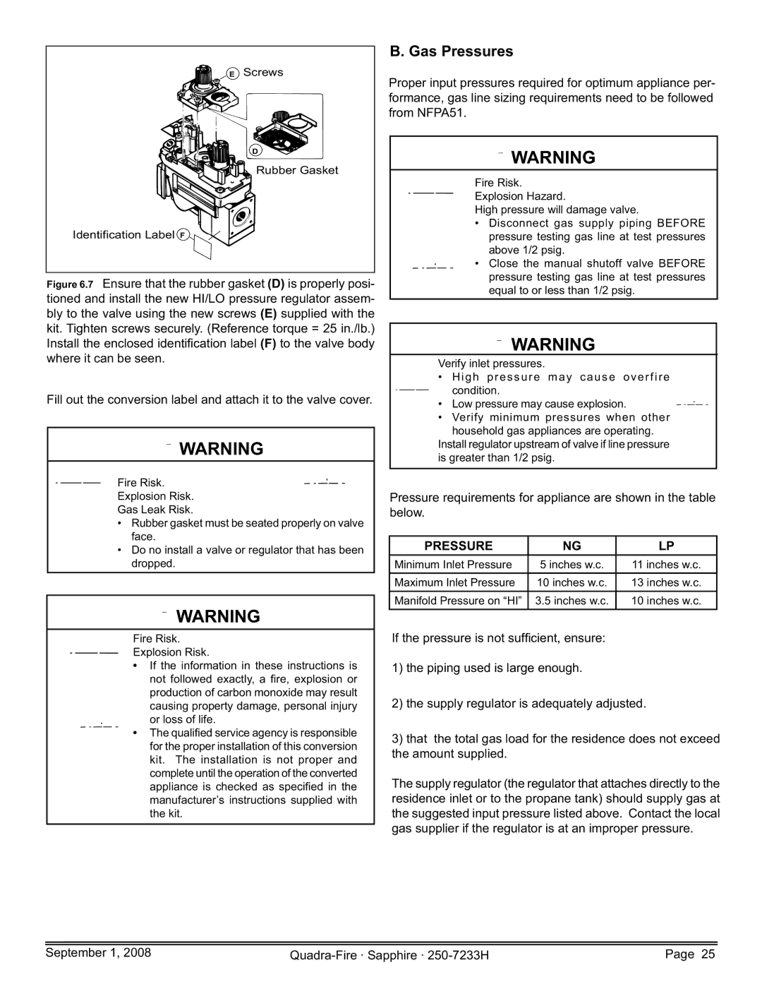 Hearth and Home Technologies 839-1390, 839-1440, 839-1460, SAPPH-D-CWL, SAPPH-D-CSB owner manual Gas Pressures 