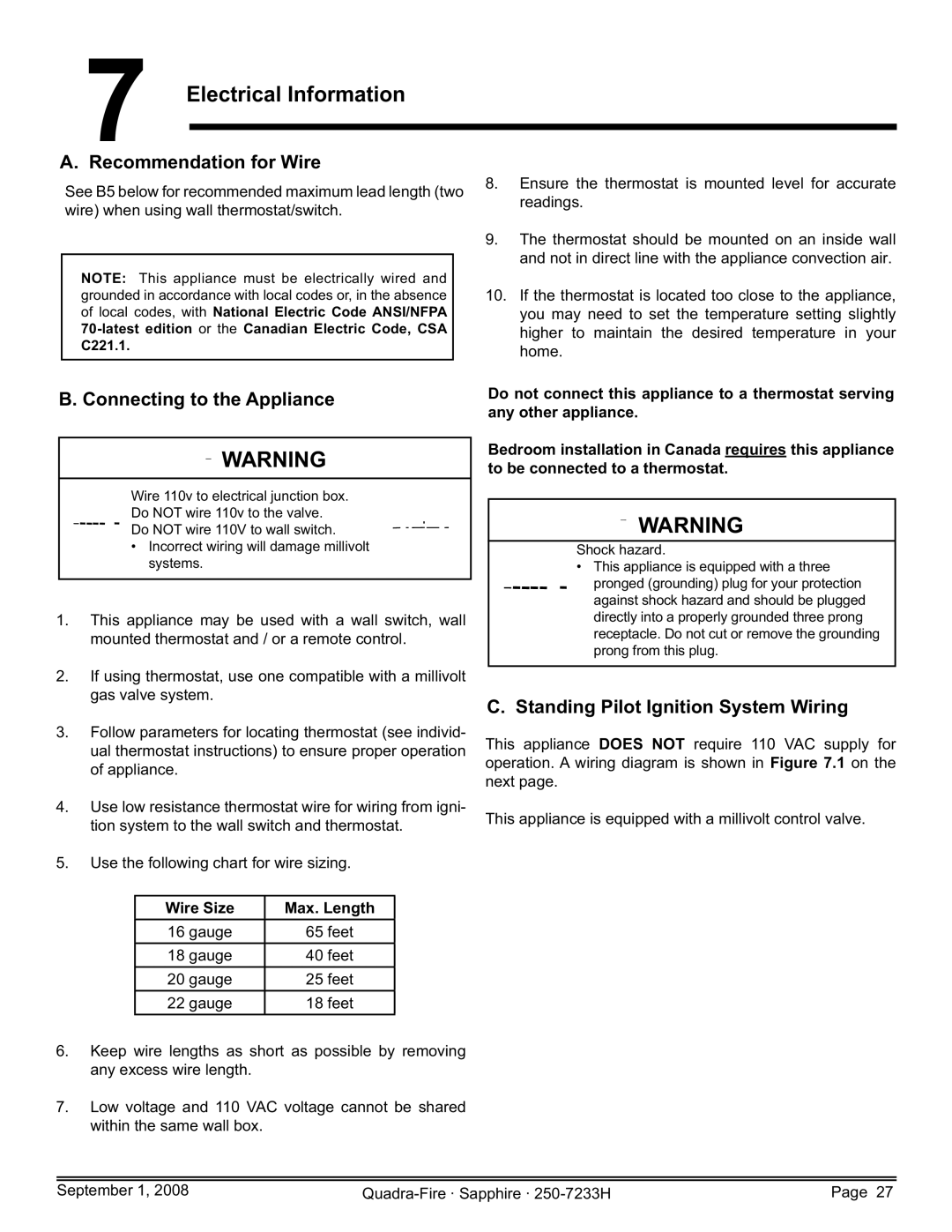 Hearth and Home Technologies 839-1460 Electrical Information, Recommendation for Wire, Connecting to the Appliance 