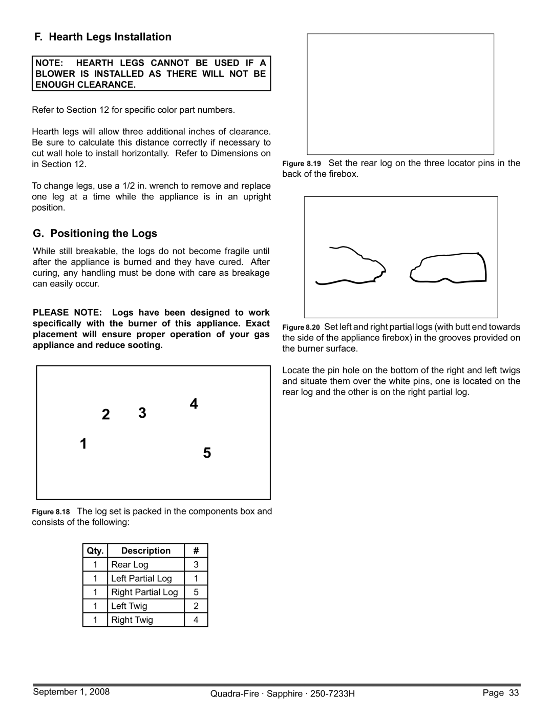 Hearth and Home Technologies SAPPH-D-CWL, 839-1390 Hearth Legs Installation, Positioning the Logs, Qty Description 