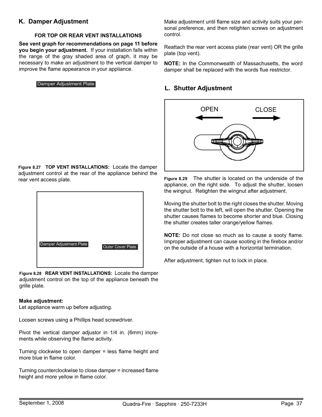 Hearth and Home Technologies 839-1460, 839-1390 Damper Adjustment, Shutter Adjustment, For TOP or Rear Vent Installations 