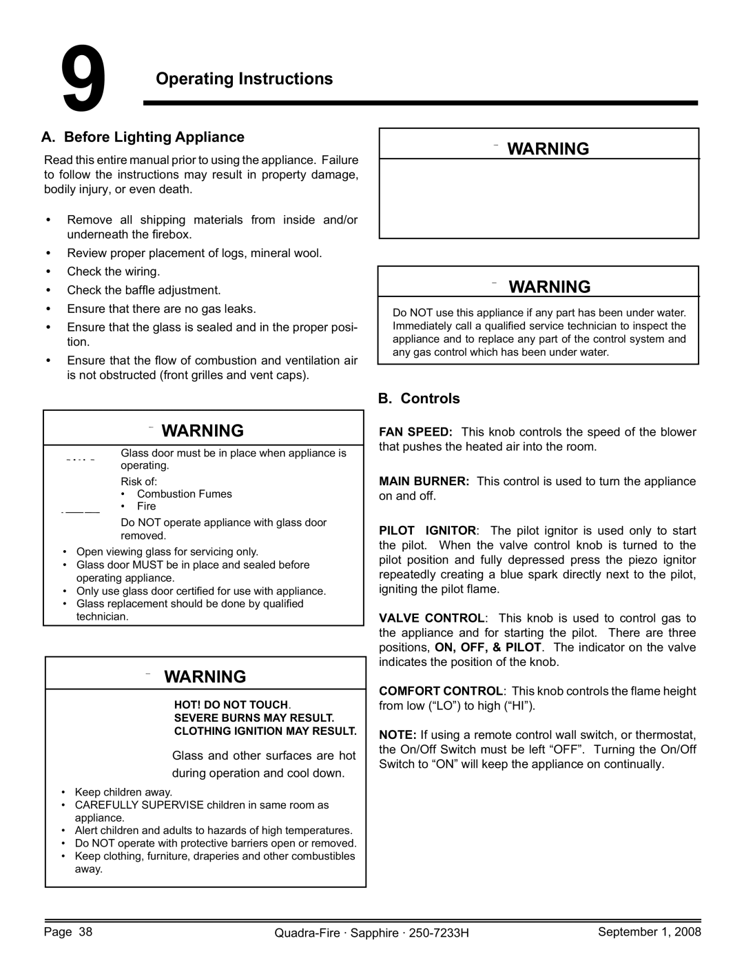 Hearth and Home Technologies SAPPH-D-CWL, 839-1390, 839-1440 Operating Instructions, Before Lighting Appliance, Controls 