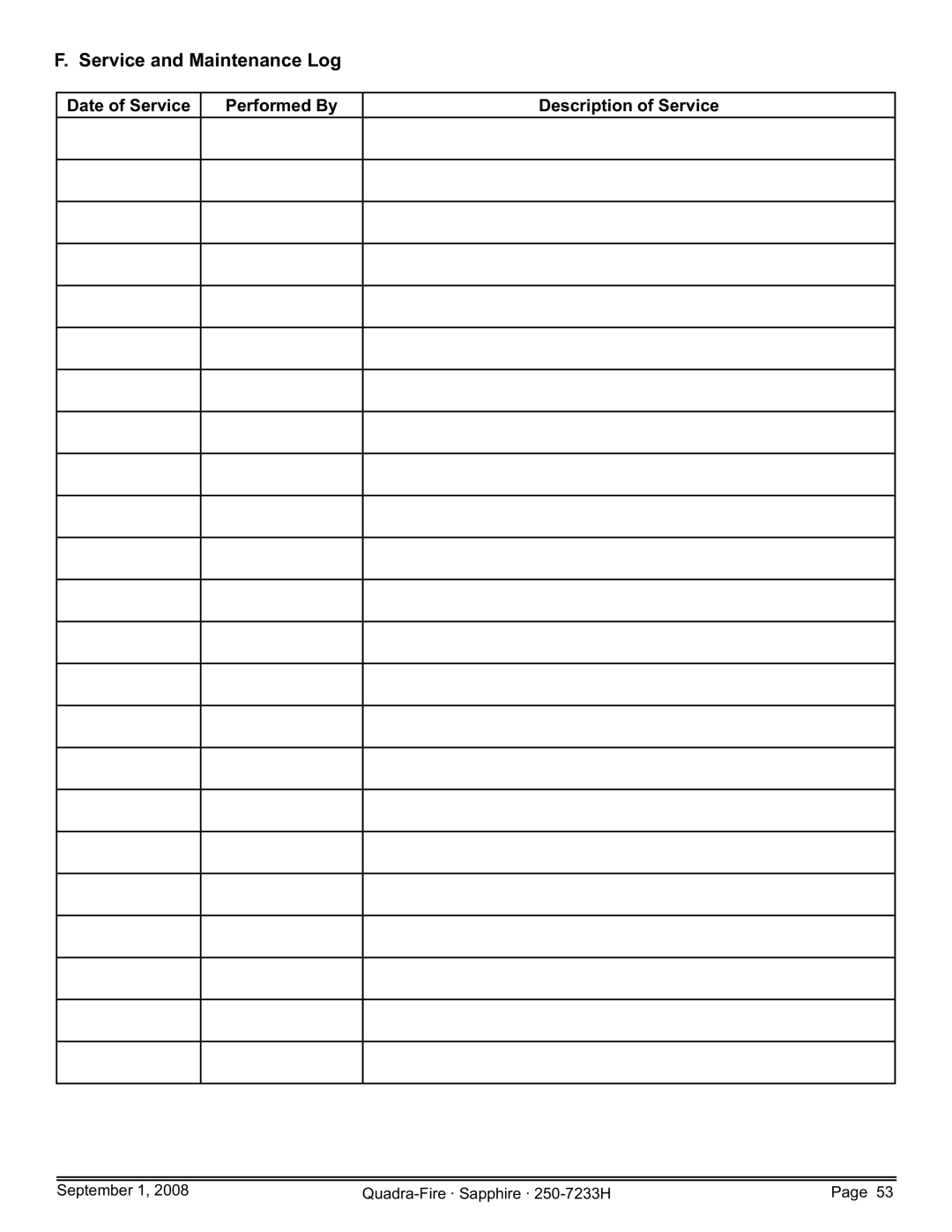 Hearth and Home Technologies SAPPH-D-CWL Service and Maintenance Log, Date of Service Performed By Description of Service 