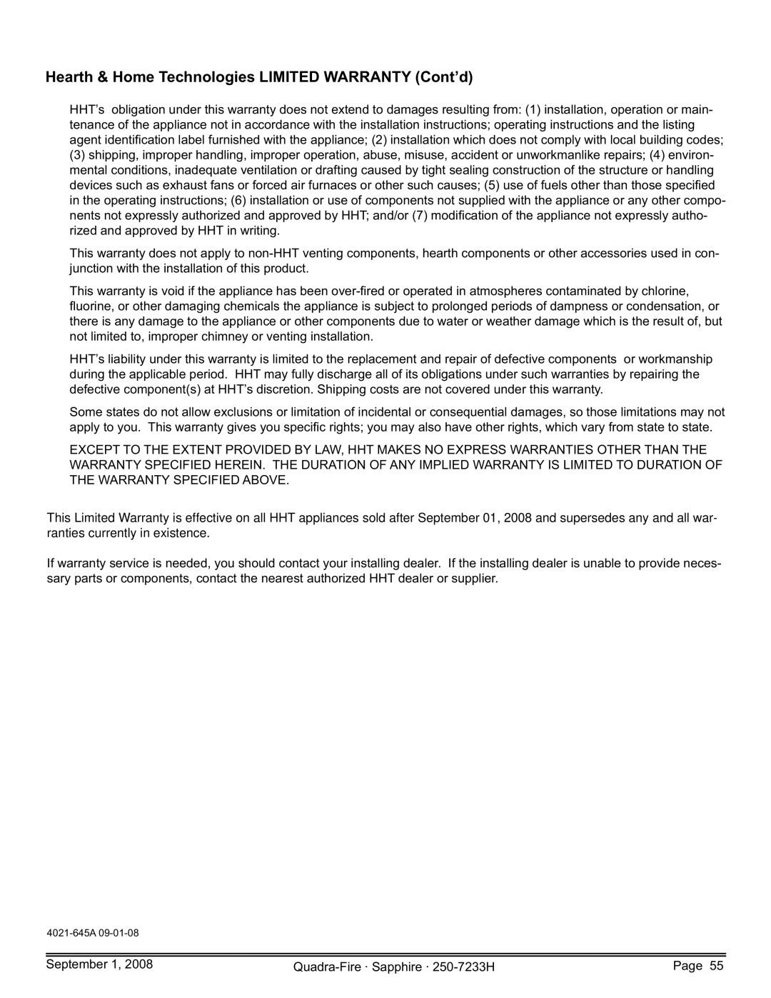 Hearth and Home Technologies 839-1390, 839-1440, 839-1460, SAPPH-D-CWL Hearth & Home Technologies Limited Warranty Cont’d 