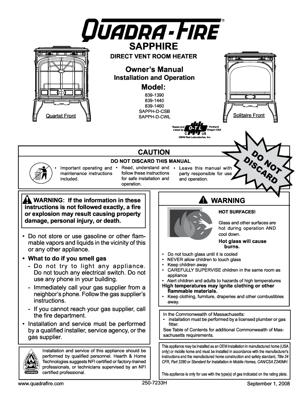 Hearth and Home Technologies 839-1440 owner manual Installation and Operation, What to do if you smell gas, Sapphire 