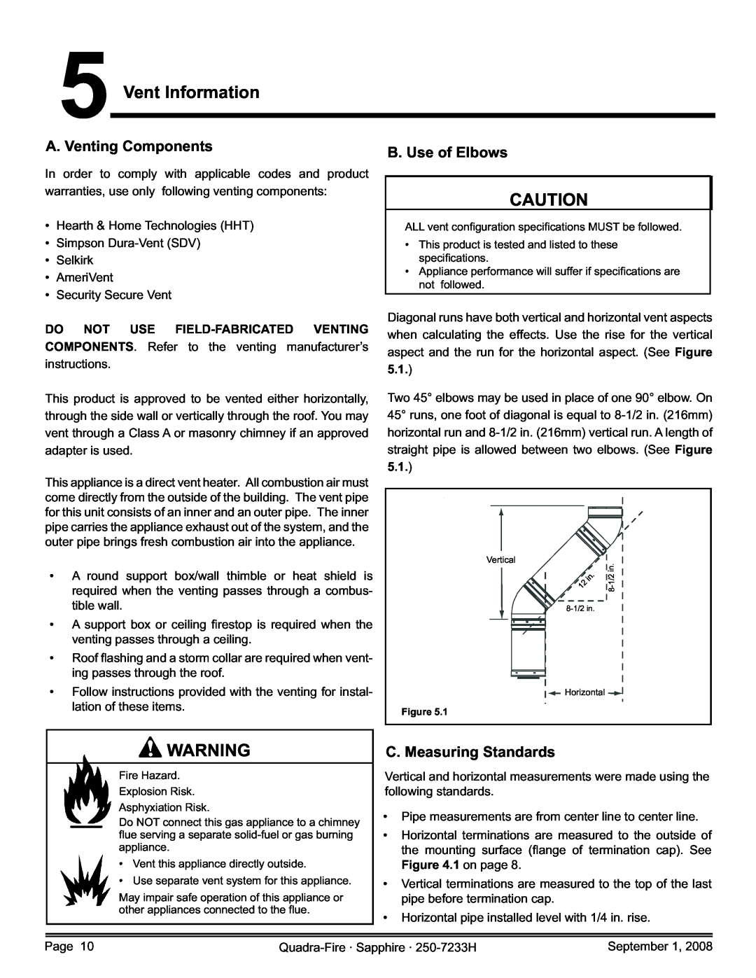 Hearth and Home Technologies 839-1390 Vent Information, A. Venting Components, B. Use of Elbows, C. Measuring Standards 