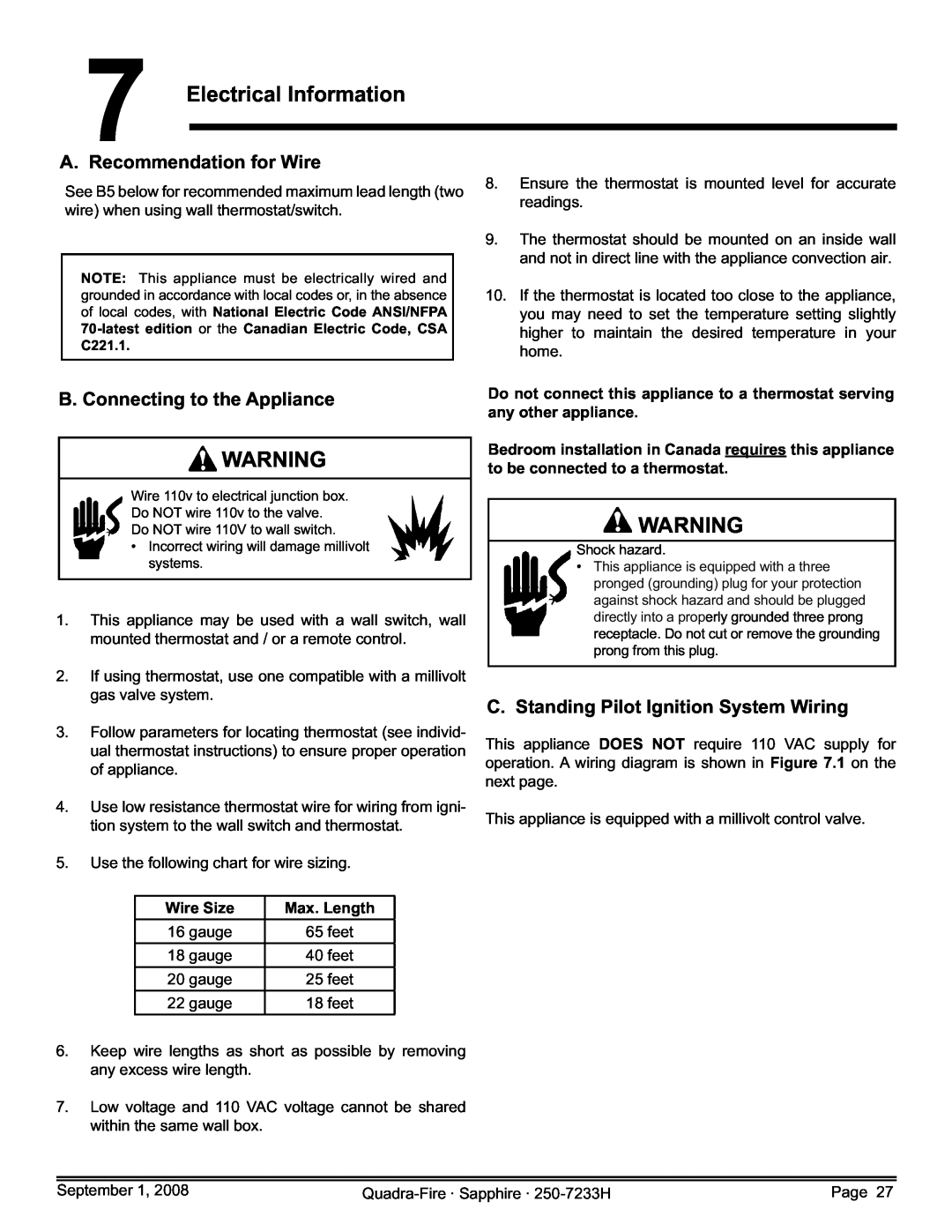Hearth and Home Technologies 839-1460 Electrical Information, A. Recommendation for Wire, B. Connecting to the Appliance 