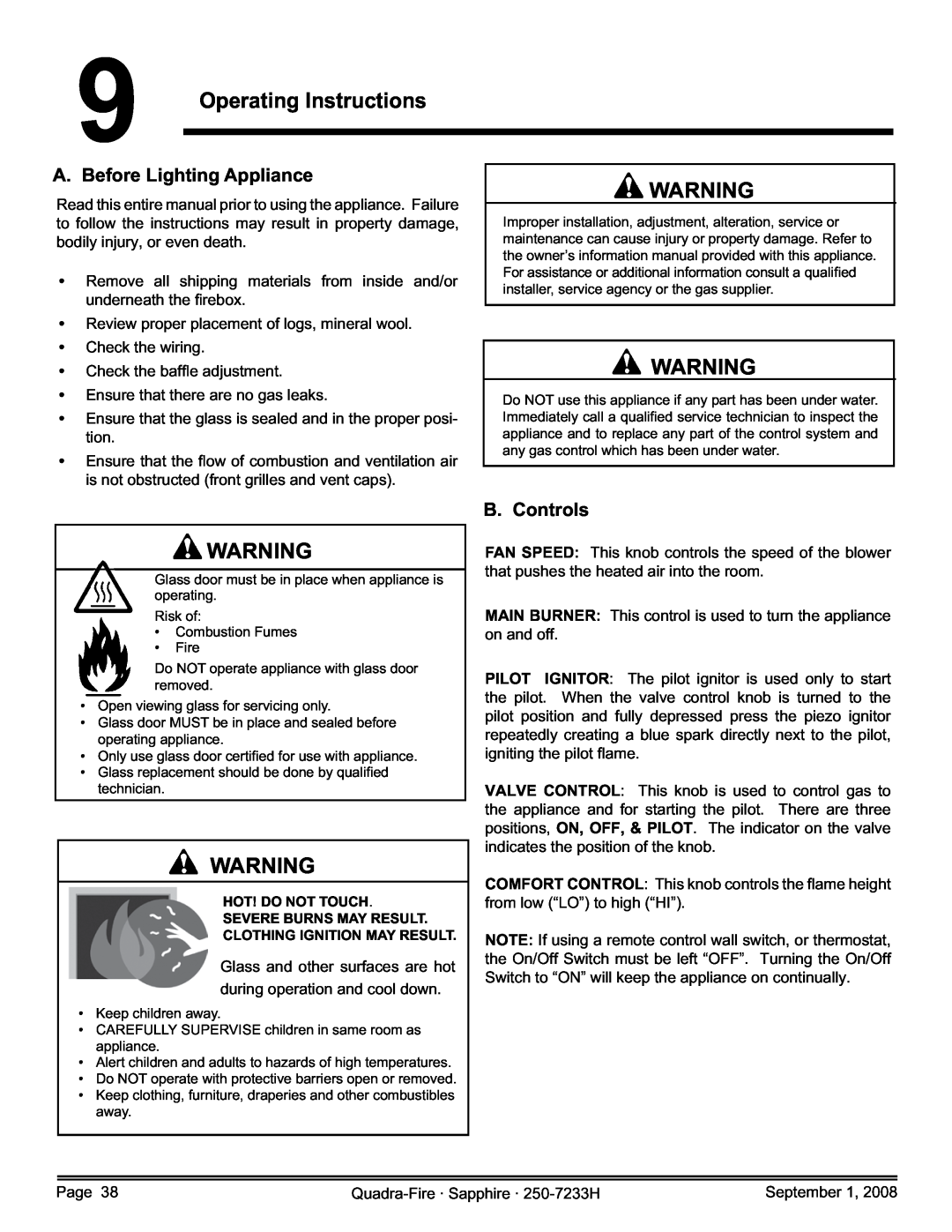 Hearth and Home Technologies SAPPH-D-CWL, 839-1390 Operating Instructions, A. Before Lighting Appliance, B. Controls 