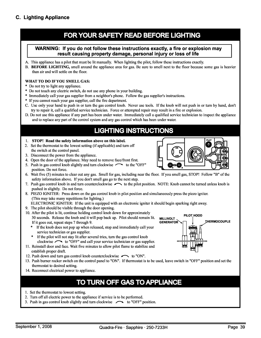 Hearth and Home Technologies SAPPH-D-CSB, 839-1390, 839-1440 C. Lighting Appliance, For Your Safety Read Before Lighting 