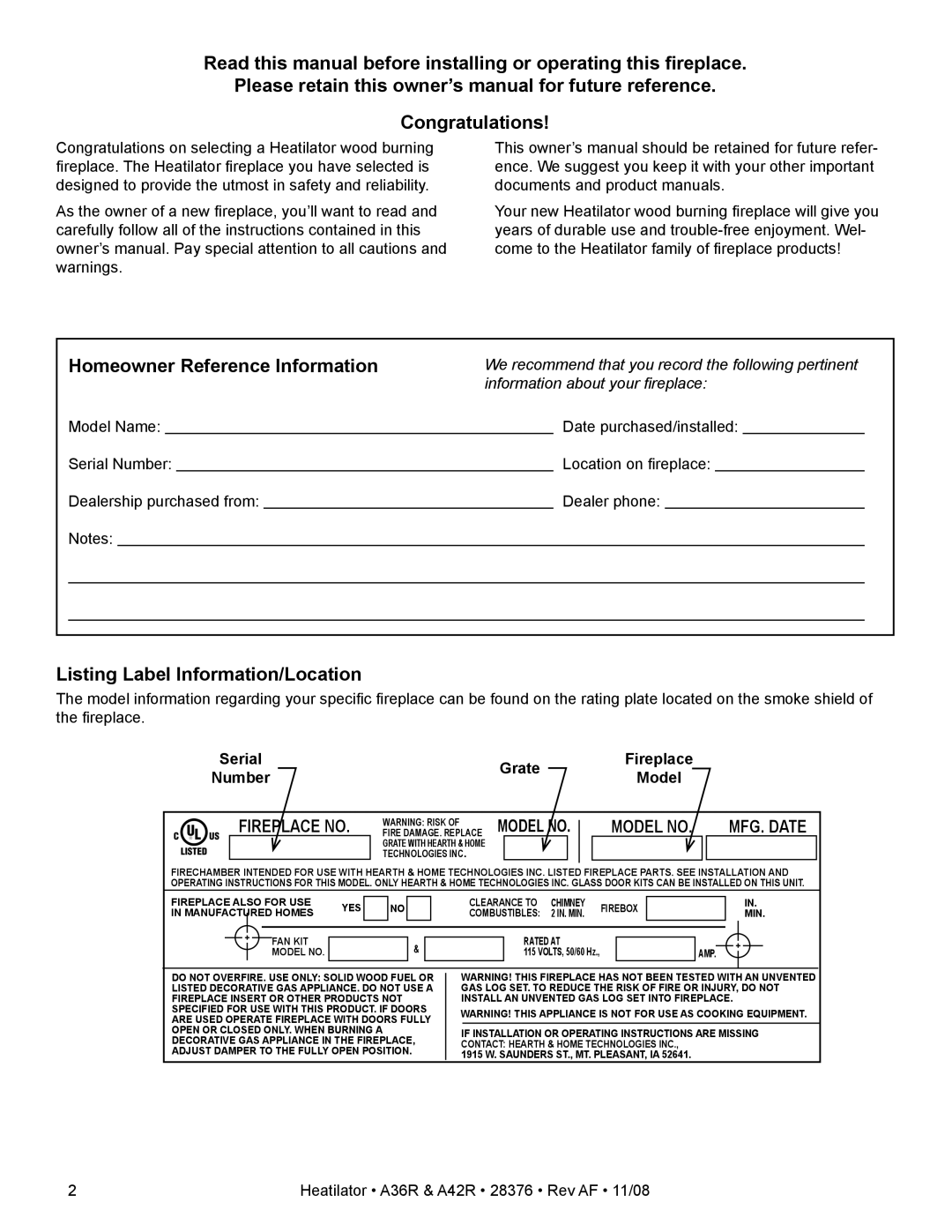 Hearth and Home Technologies A36RH, A42RH owner manual Listing Label Information/Location, Grate, Number 