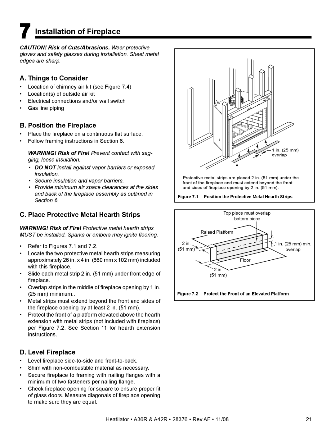 Hearth and Home Technologies A42R Installation of Fireplace, Things to Consider, Position the Fireplace, Level Fireplace 