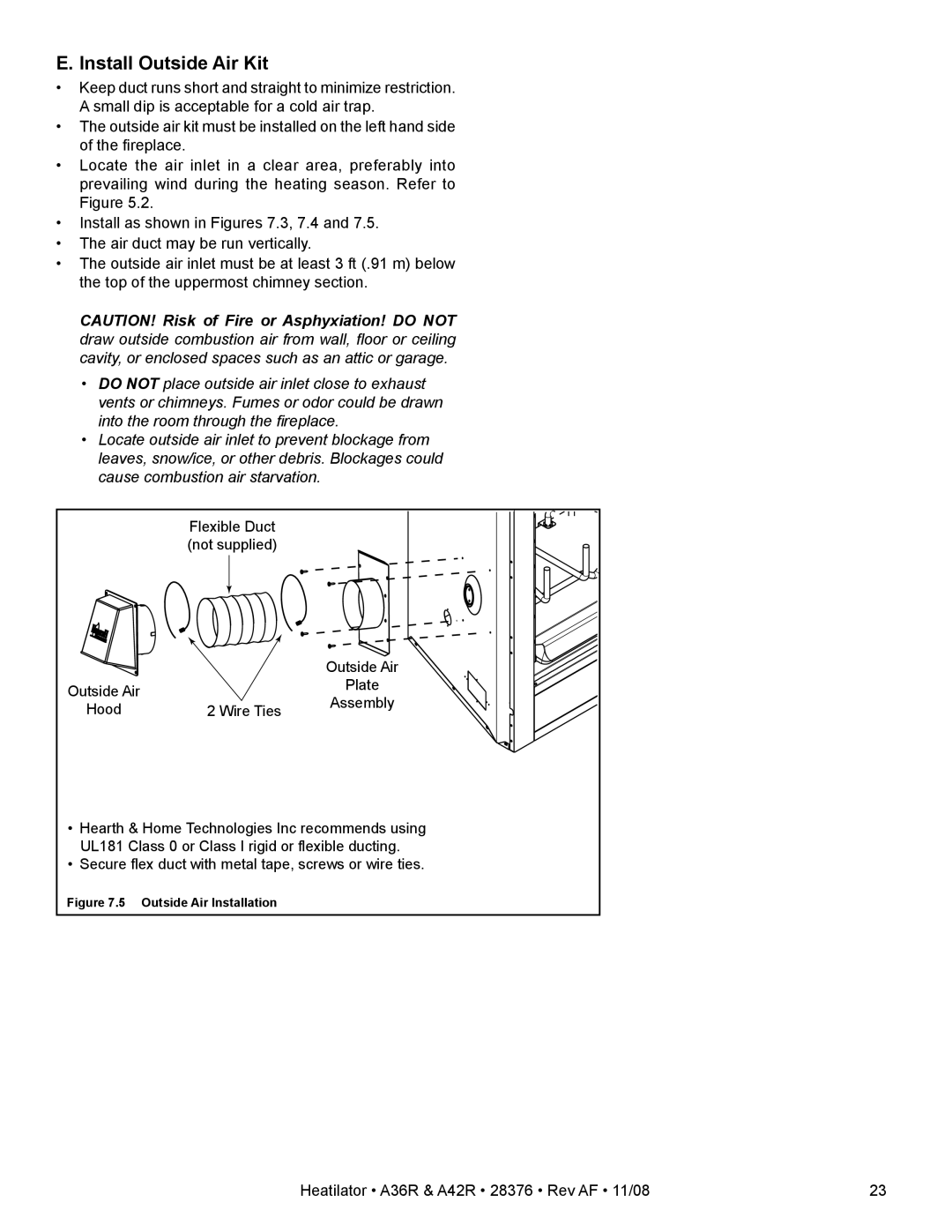 Hearth and Home Technologies A42RH, A36RH owner manual Install Outside Air Kit, Flexible Duct not supplied, Hood Wire Ties 