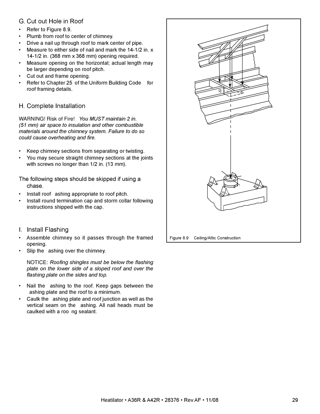 Hearth and Home Technologies A36RH, A42RH owner manual Cut out Hole in Roof, Complete Installation, Install Flashing 