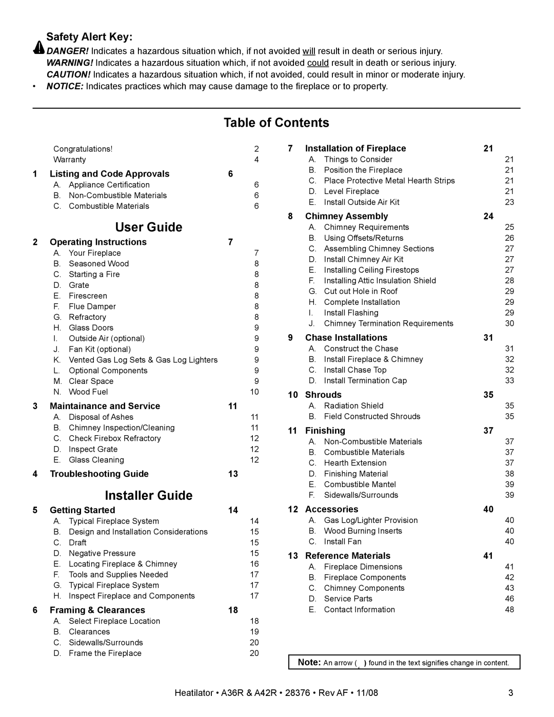 Hearth and Home Technologies A42RH, A36RH owner manual Table of Contents, User Guide, Installer Guide 