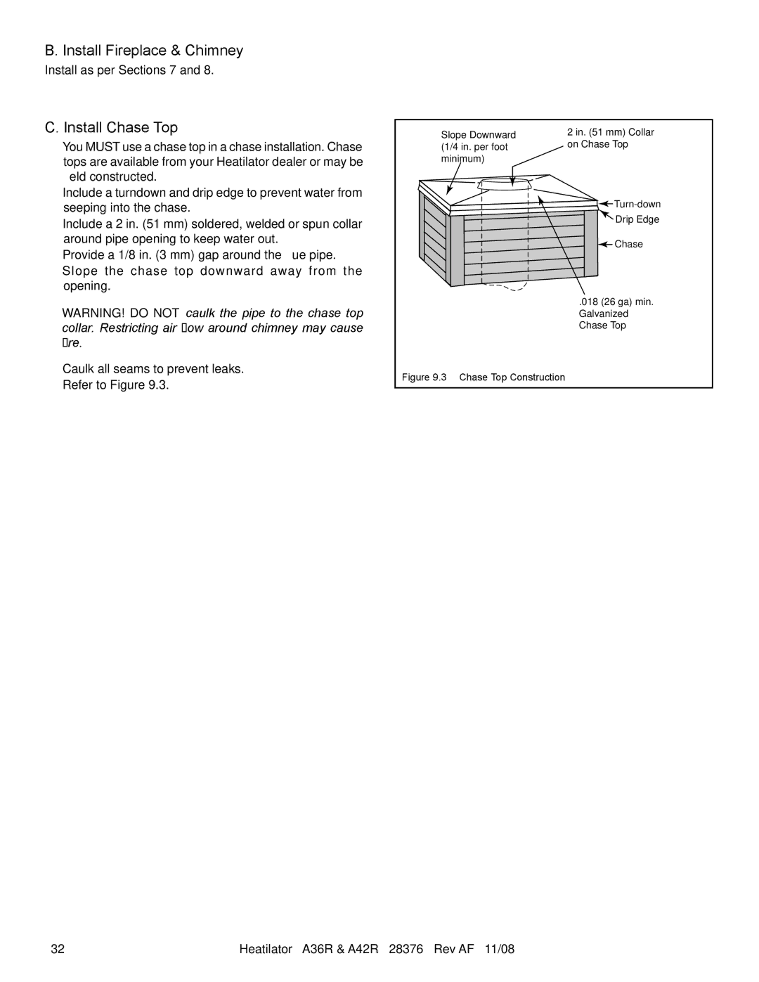 Hearth and Home Technologies A36RH, A42RH owner manual Install Fireplace & Chimney, Install Chase Top 