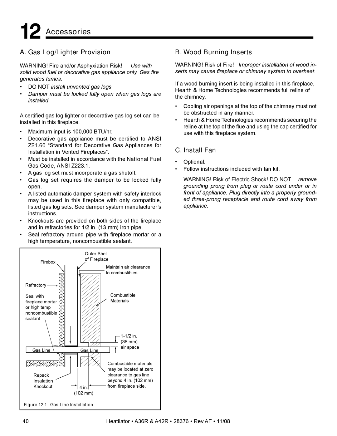 Hearth and Home Technologies A36RH, A42RH Accessories, Gas Log/Lighter Provision, Wood Burning Inserts, Install Fan 