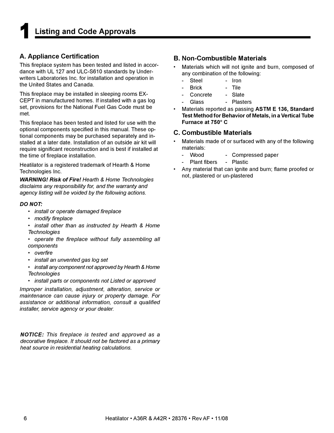 Hearth and Home Technologies A36RH, A42R Listing and Code Approvals, Appliance Certiﬁcation, Non-Combustible Materials 