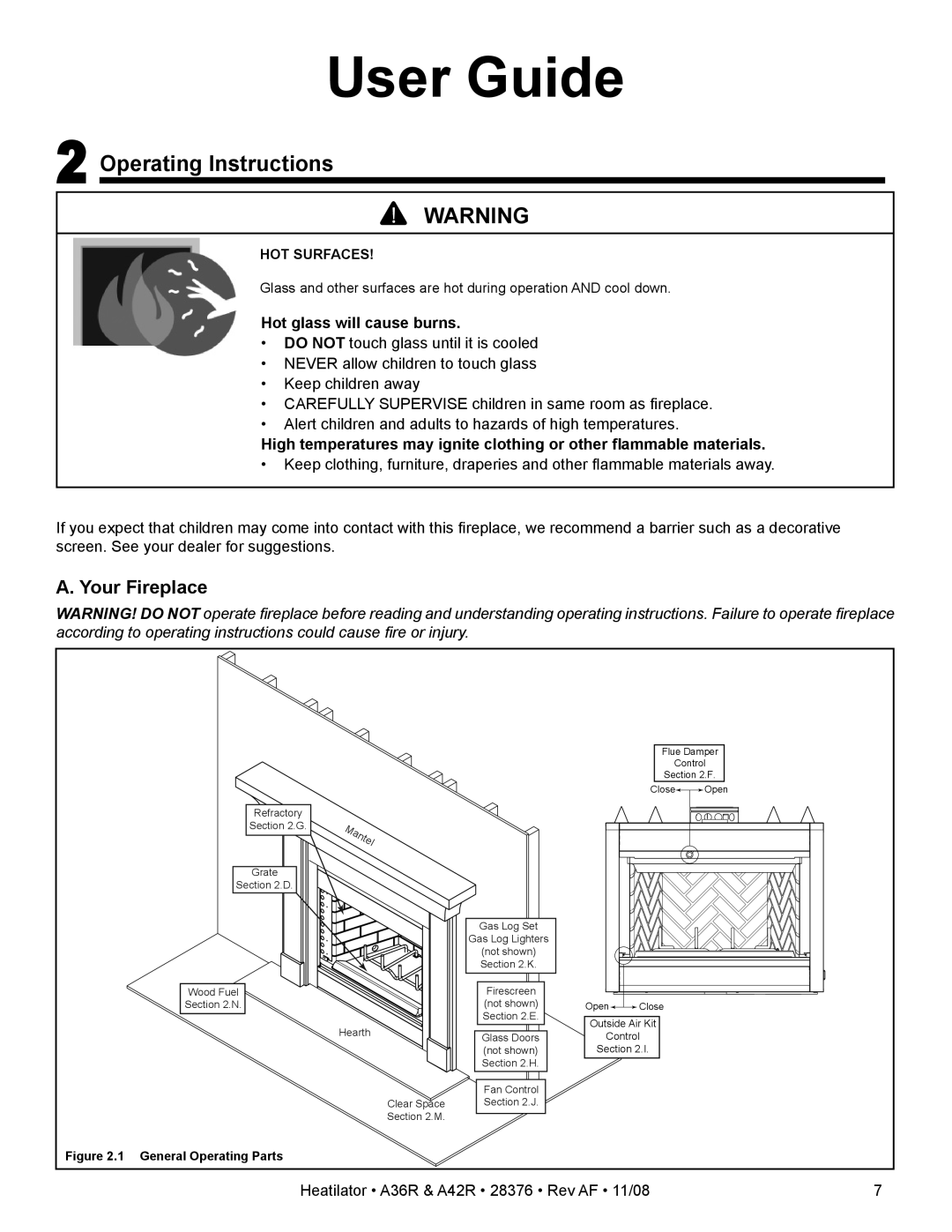 Hearth and Home Technologies A42RH, A36RH owner manual Operating Instructions, Your Fireplace, Hot glass will cause burns 