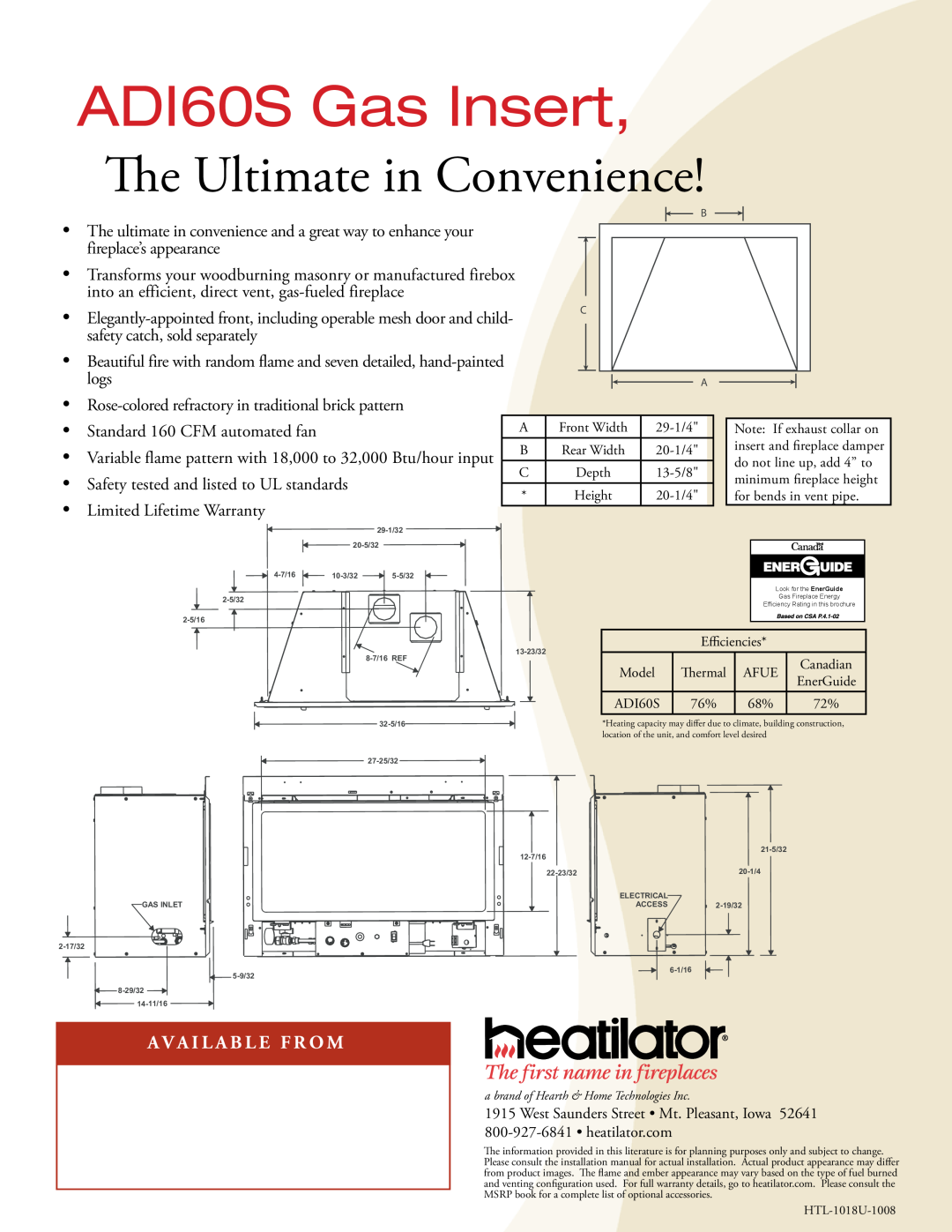 Hearth and Home Technologies manual ADI60S Gas Insert, The Ultimate in Convenience, A V A I L A B L E F R O M 