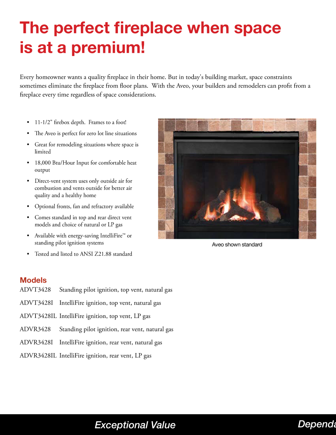 Hearth and Home Technologies Aveo manual Perfect fireplace when space is at a premium, Models 