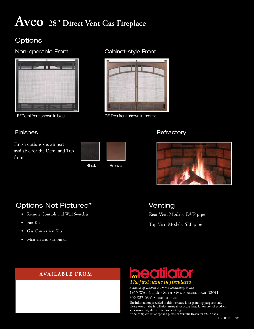 Hearth and Home Technologies Aveo 28 Direct Vent Gas Fireplace, Options Not Pictured, Venting, Non-operable Front 