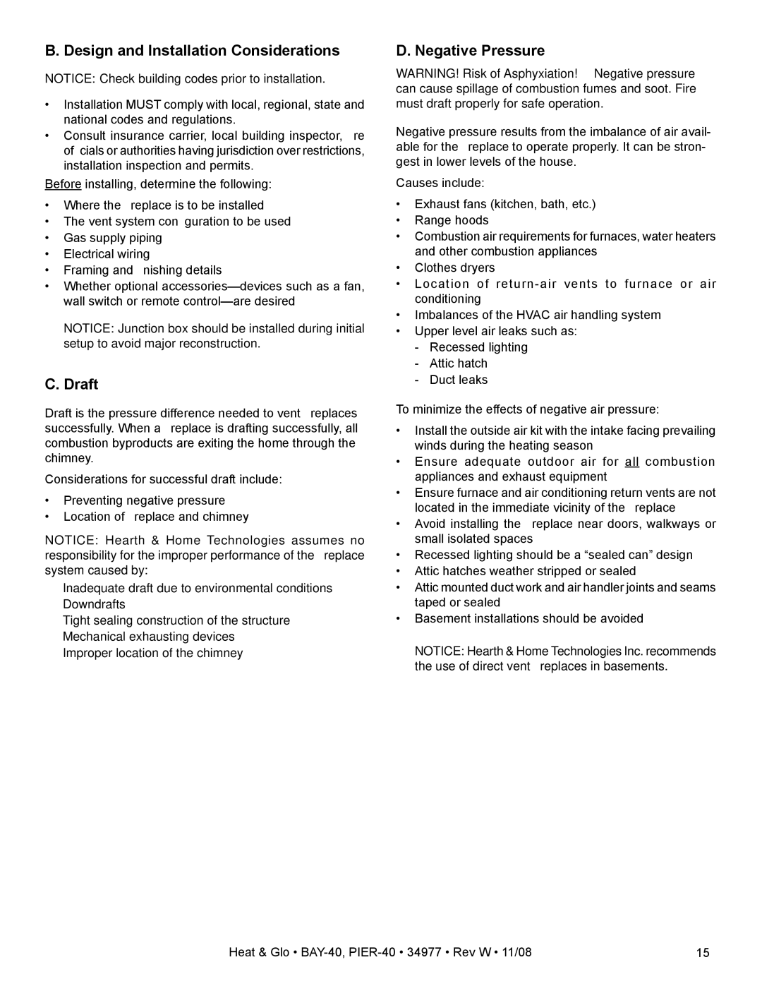 Hearth and Home Technologies PIER-40, BAY-40 owner manual Design and Installation Considerations, Draft, Negative Pressure 