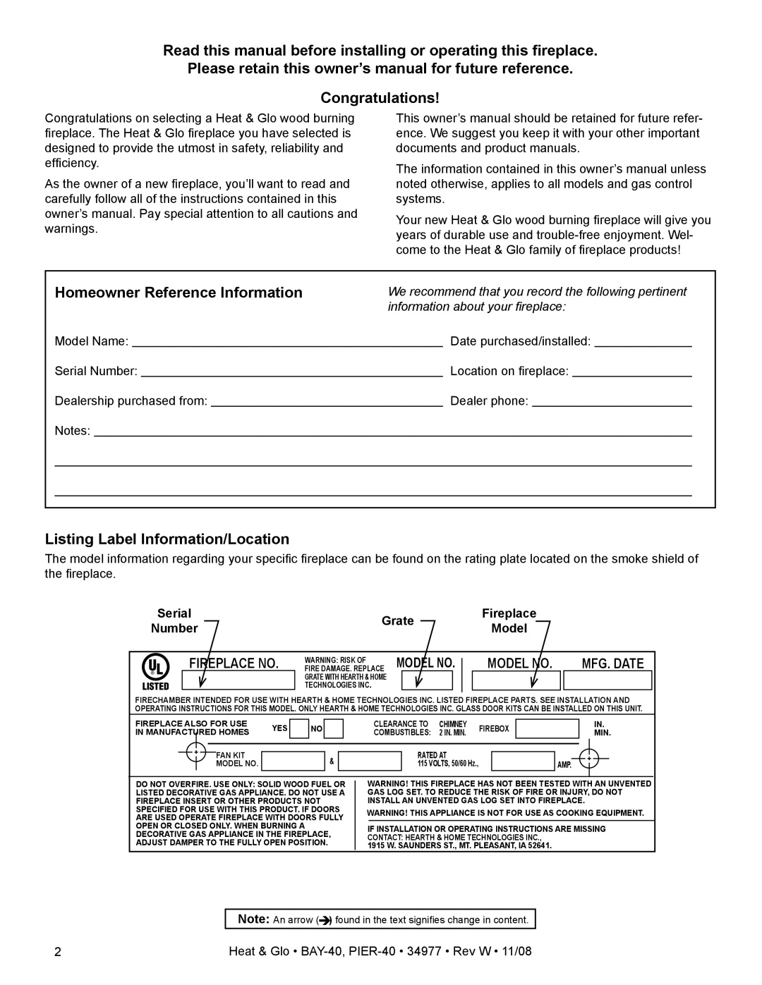 Hearth and Home Technologies BAY-40, PIER-40 owner manual Listing Label Information/Location, Grate, Number Model 