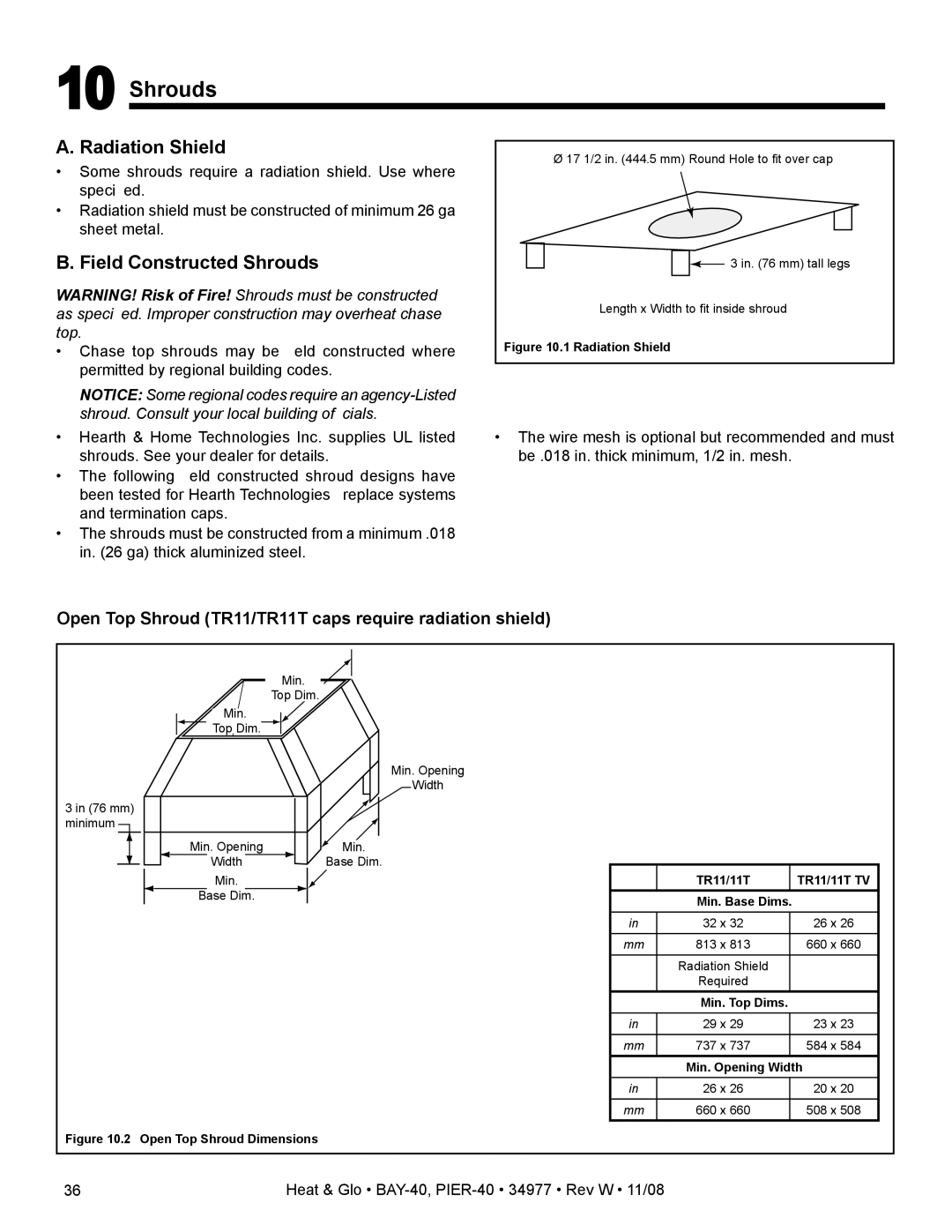 Hearth and Home Technologies BAY-40, PIER-40 owner manual Radiation Shield, Field Constructed Shrouds 