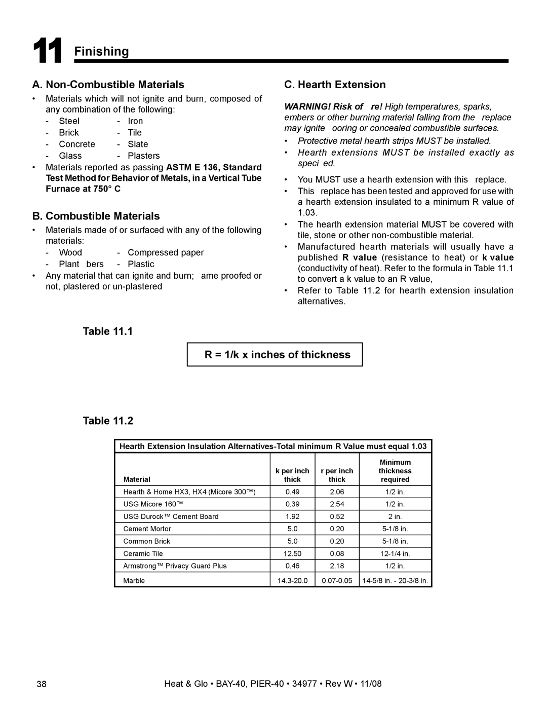 Hearth and Home Technologies BAY-40, PIER-40 owner manual Finishing, Hearth Extension, = 1/k x inches of thickness 