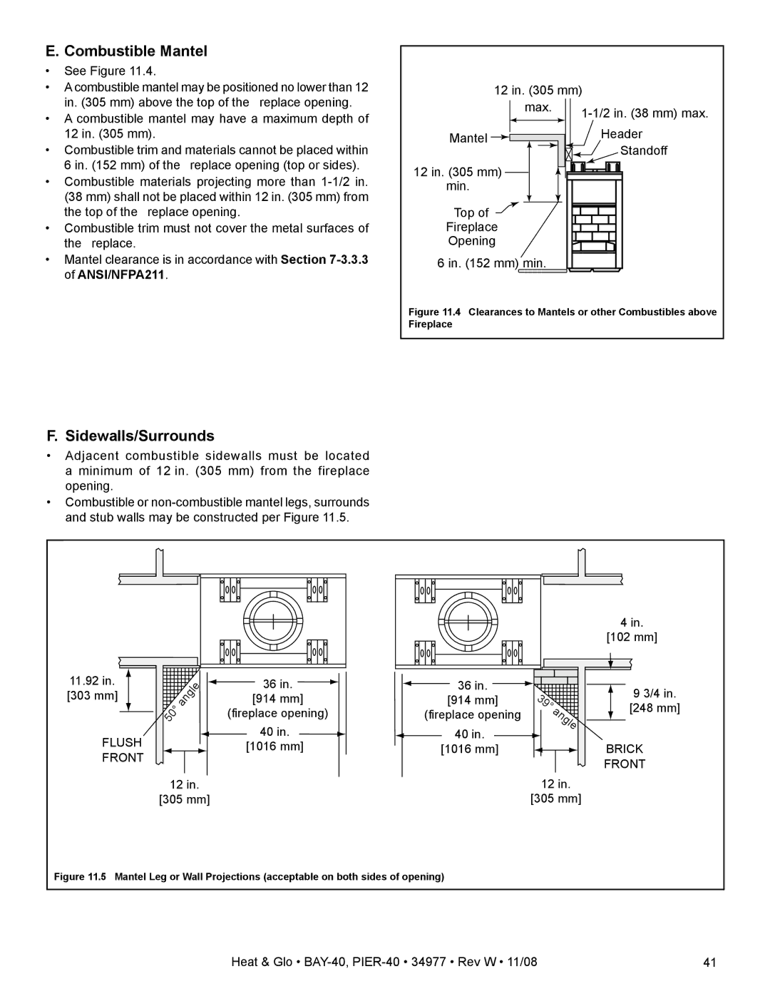 Hearth and Home Technologies PIER-40, BAY-40 owner manual Combustible Mantel, Flush Front 