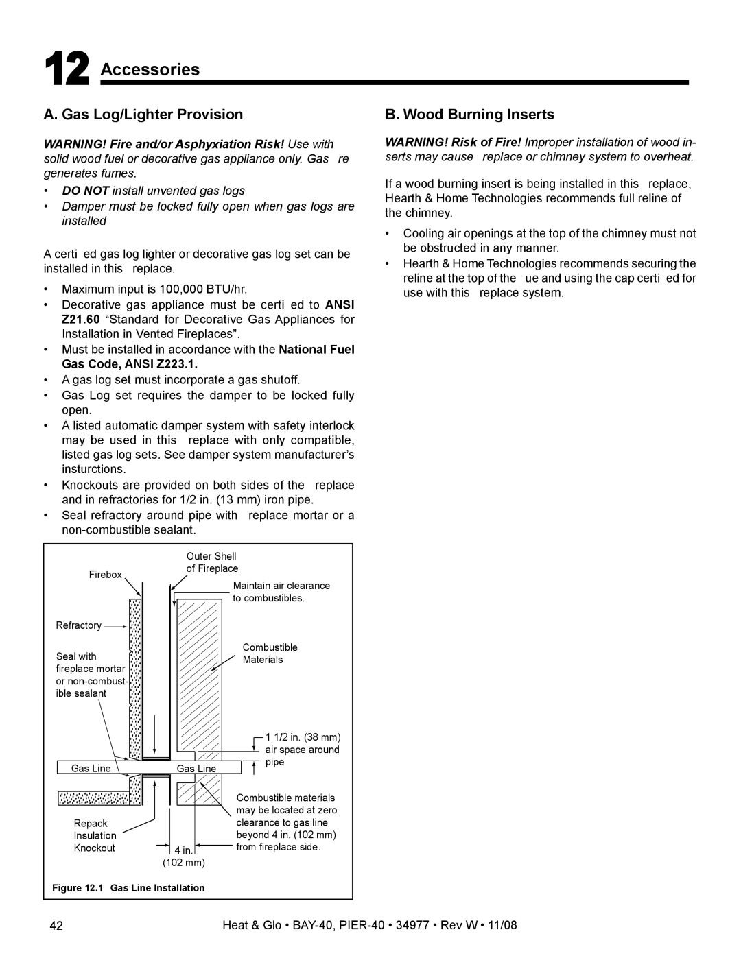 Hearth and Home Technologies BAY-40 Accessories, Gas Log/Lighter Provision, Wood Burning Inserts, Gas Code, Ansi Z223.1 