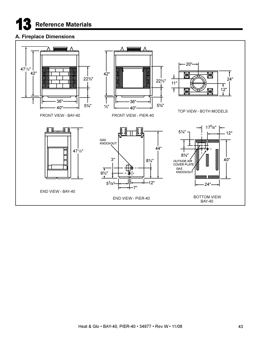 Hearth and Home Technologies PIER-40, BAY-40 owner manual Reference Materials, Fireplace Dimensions 