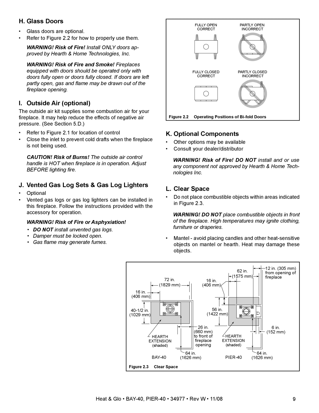 Hearth and Home Technologies PIER-40, BAY-40 Glass Doors, Outside Air optional, Optional Components, Clear Space 