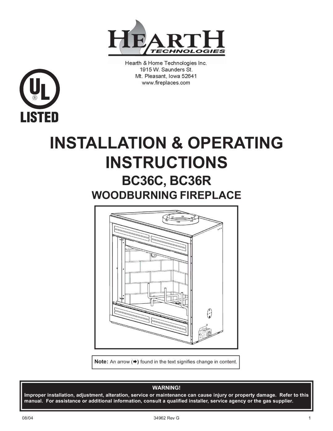 Hearth and Home Technologies BC36C operating instructions Installation & Operating Instructions 