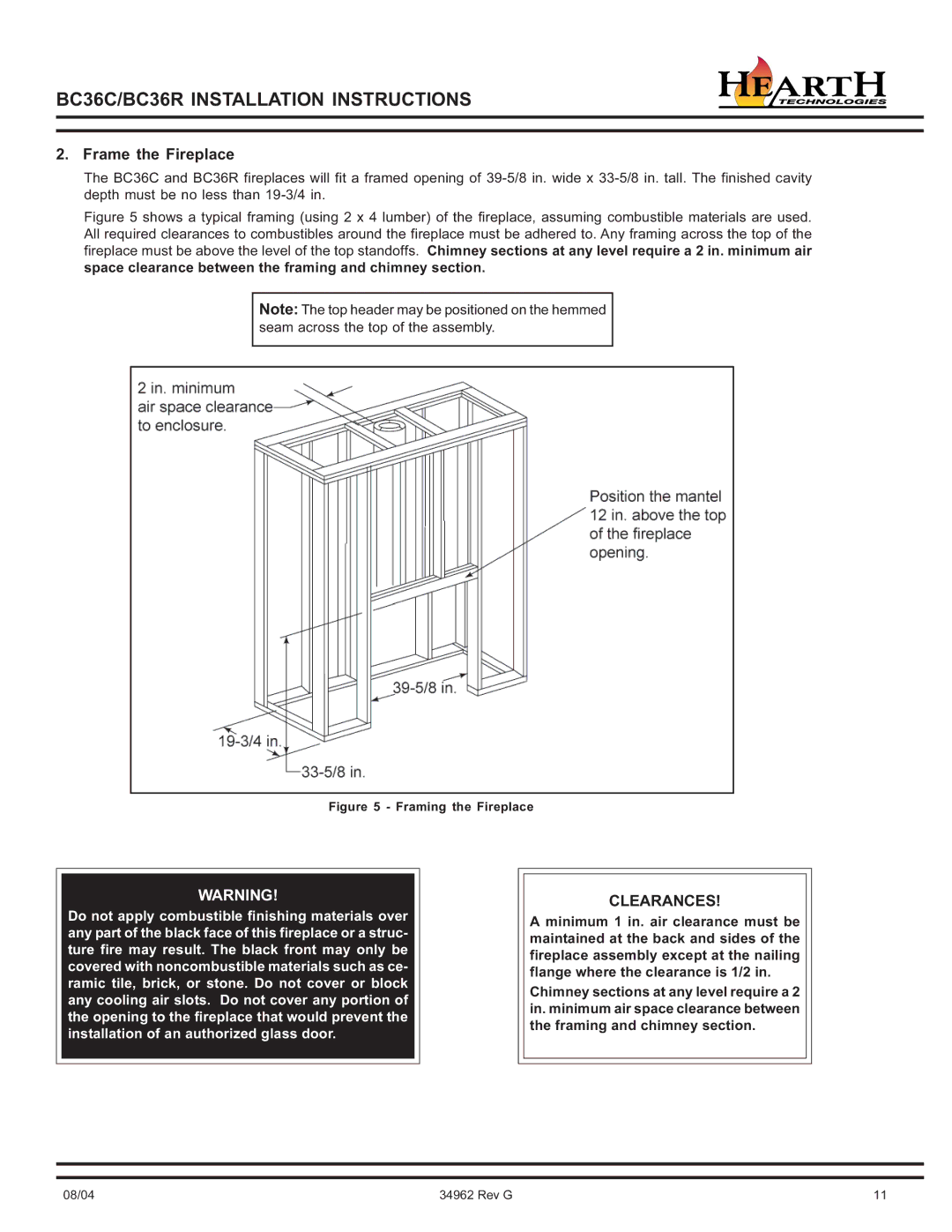 Hearth and Home Technologies BC36C operating instructions Frame the Fireplace, Framing the Fireplace 