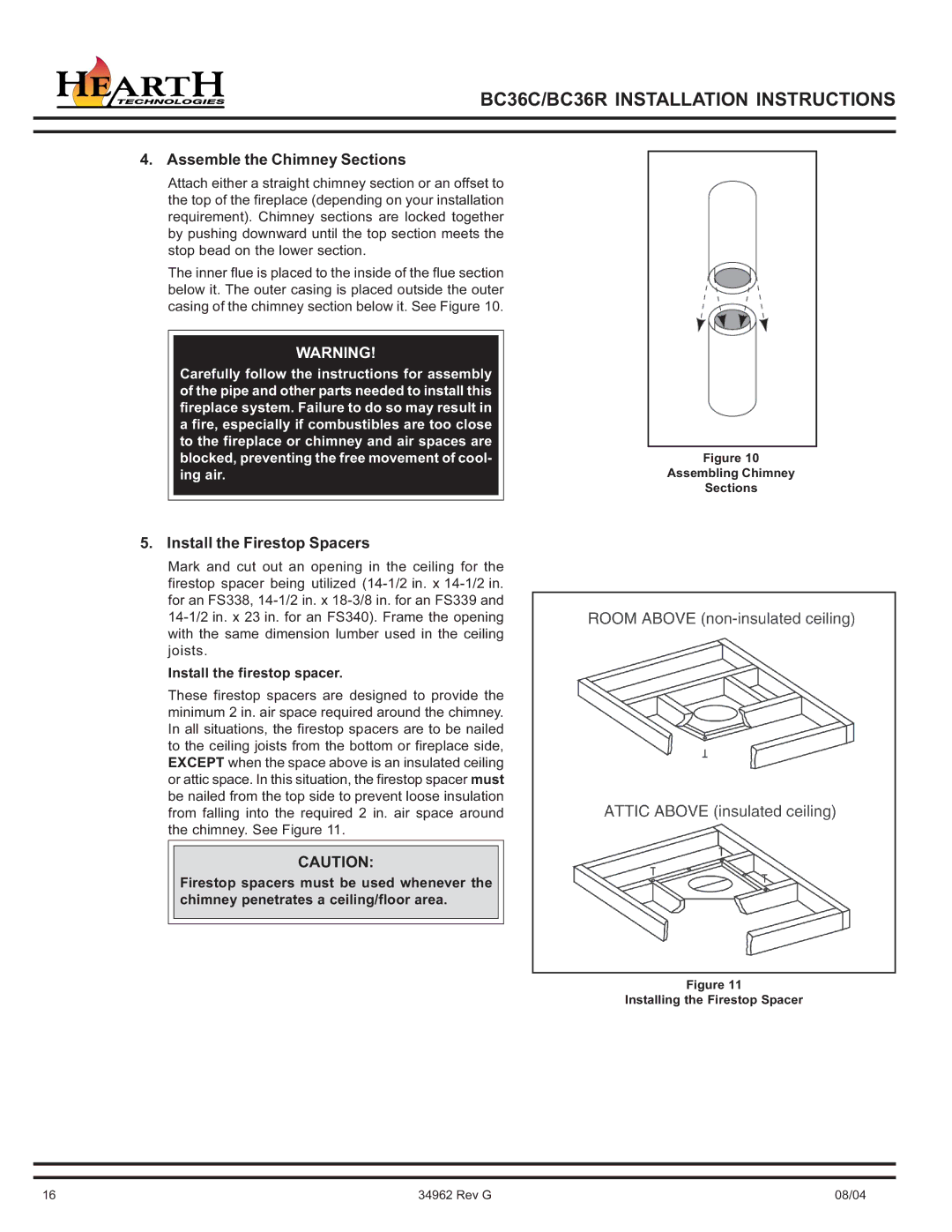 Hearth and Home Technologies BC36C operating instructions Assemble the Chimney Sections, Install the Firestop Spacers 