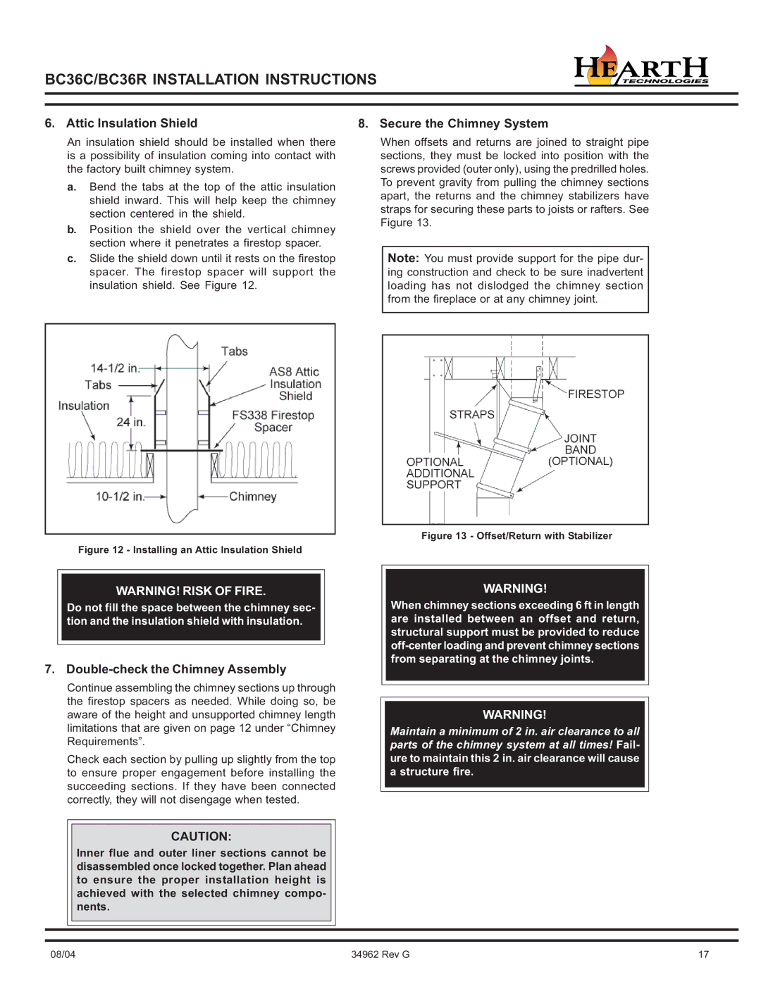 Hearth and Home Technologies BC36C Attic Insulation Shield, Double-check the Chimney Assembly, Secure the Chimney System 