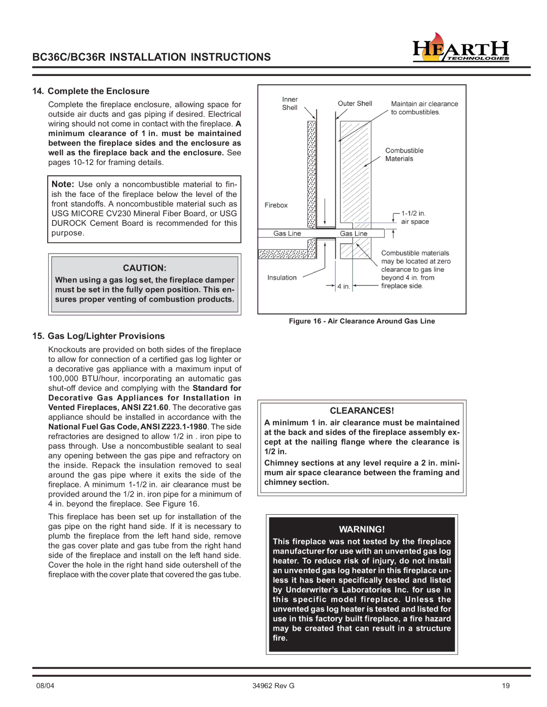 Hearth and Home Technologies BC36C operating instructions Complete the Enclosure, Gas Log/Lighter Provisions 