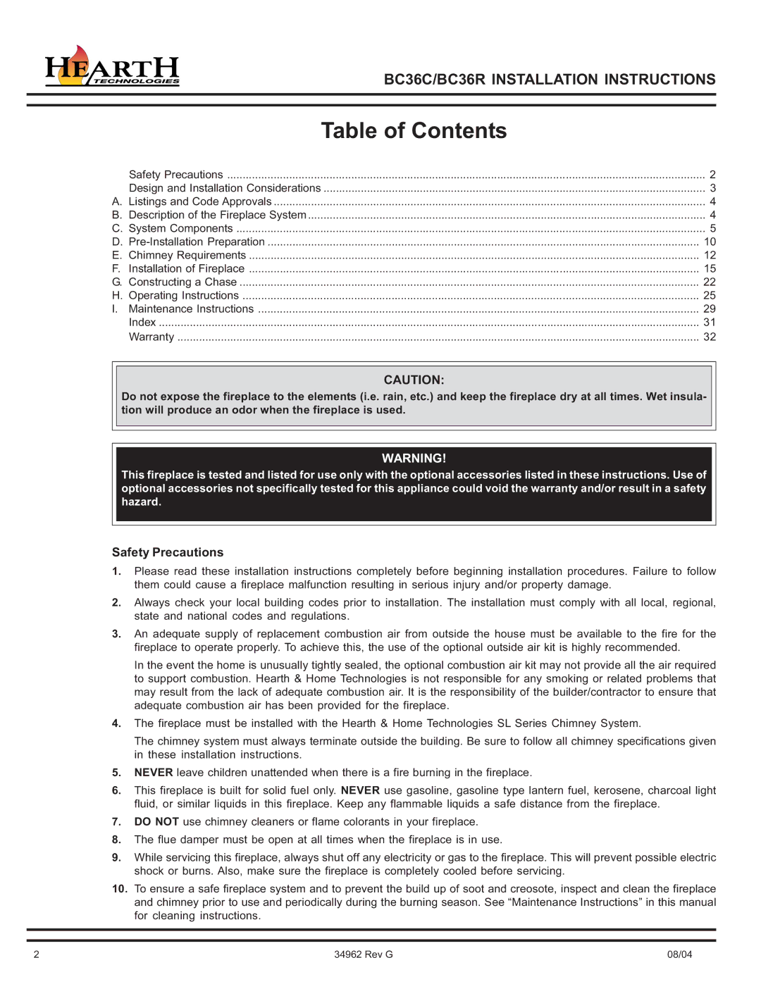 Hearth and Home Technologies BC36C operating instructions Table of Contents 