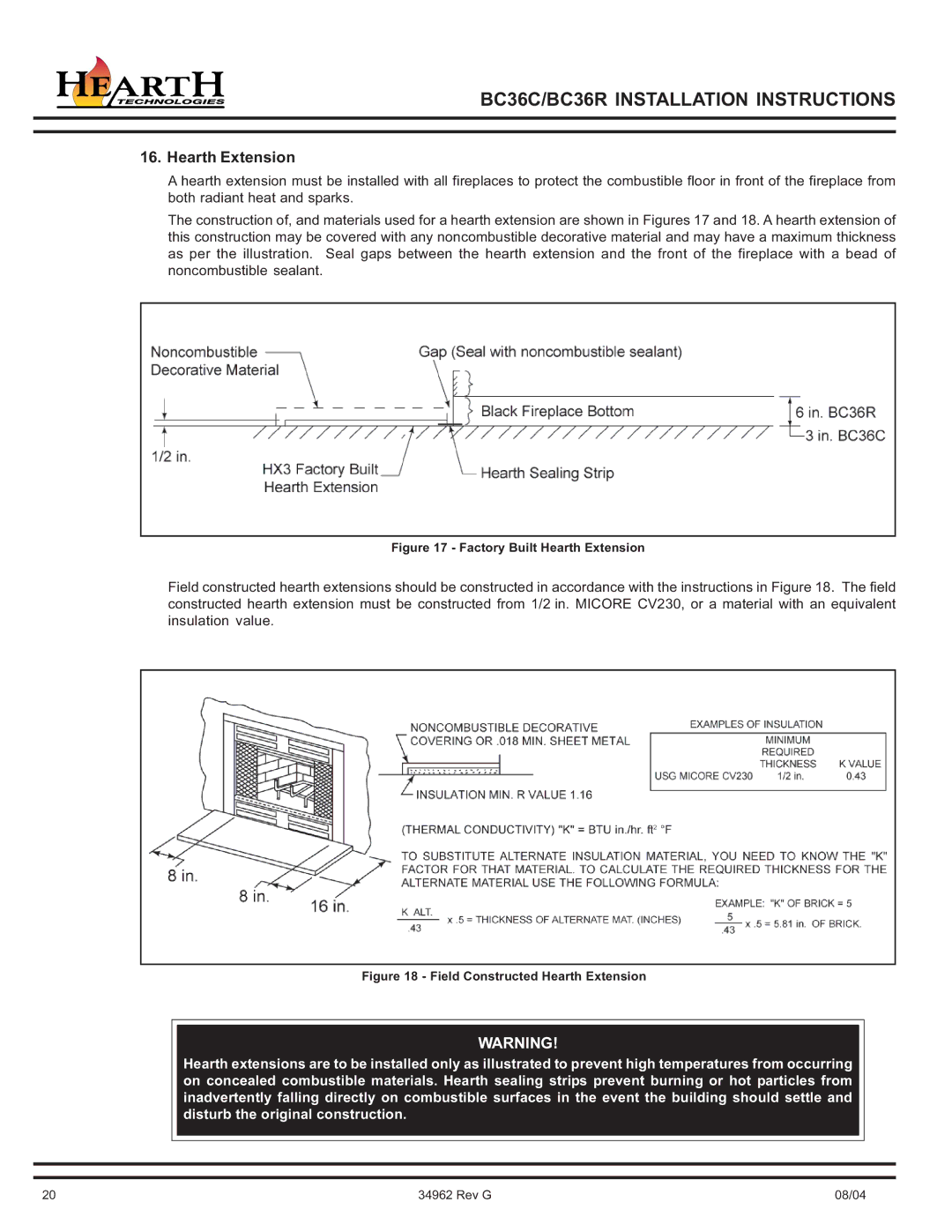 Hearth and Home Technologies BC36C operating instructions Factory Built Hearth Extension 