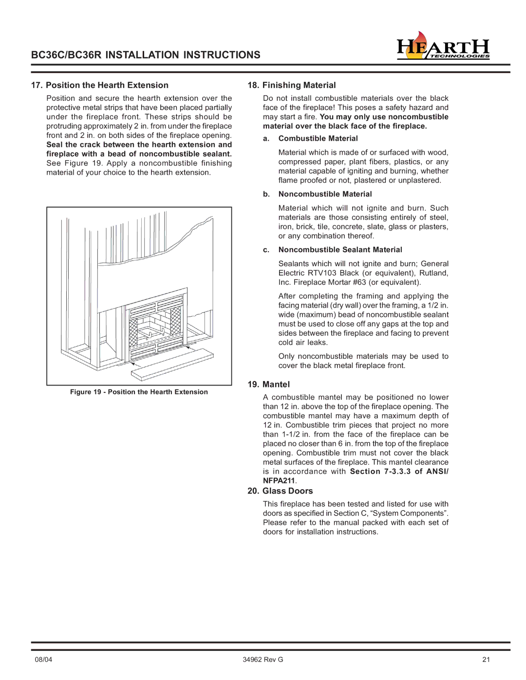 Hearth and Home Technologies BC36C Position the Hearth Extension, Finishing Material, Mantel, Glass Doors 