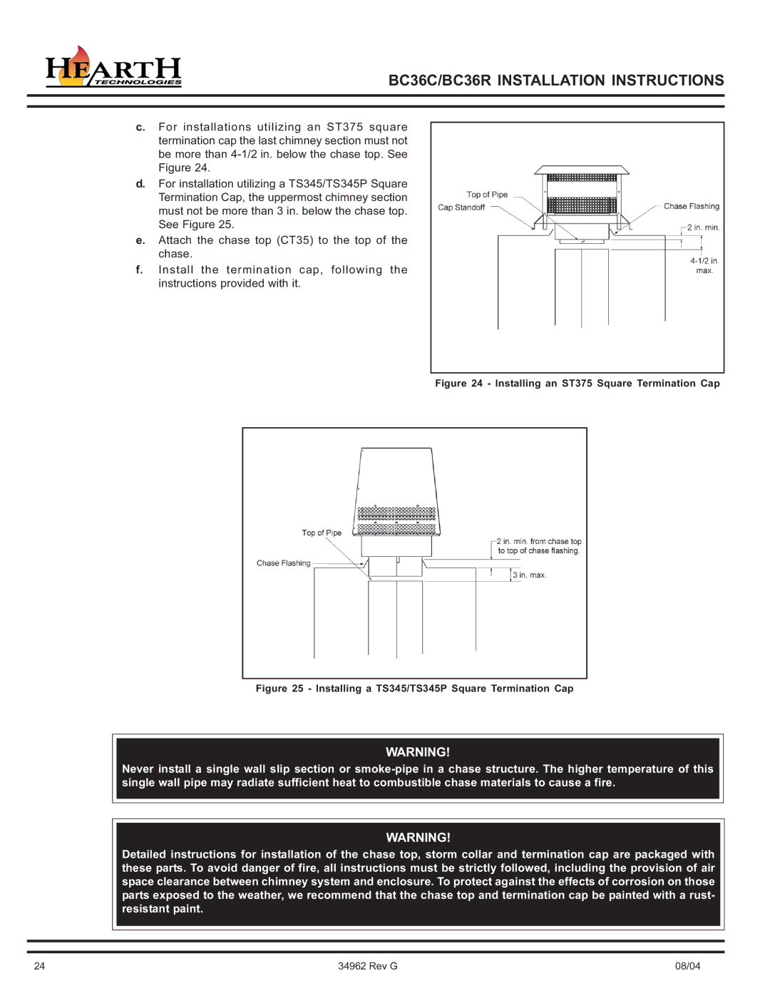 Hearth and Home Technologies BC36C operating instructions Installing an ST375 Square Termination Cap 