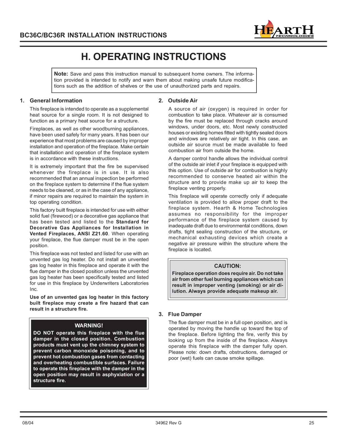 Hearth and Home Technologies BC36C Operating Instructions, General Information Outside Air, Flue Damper 