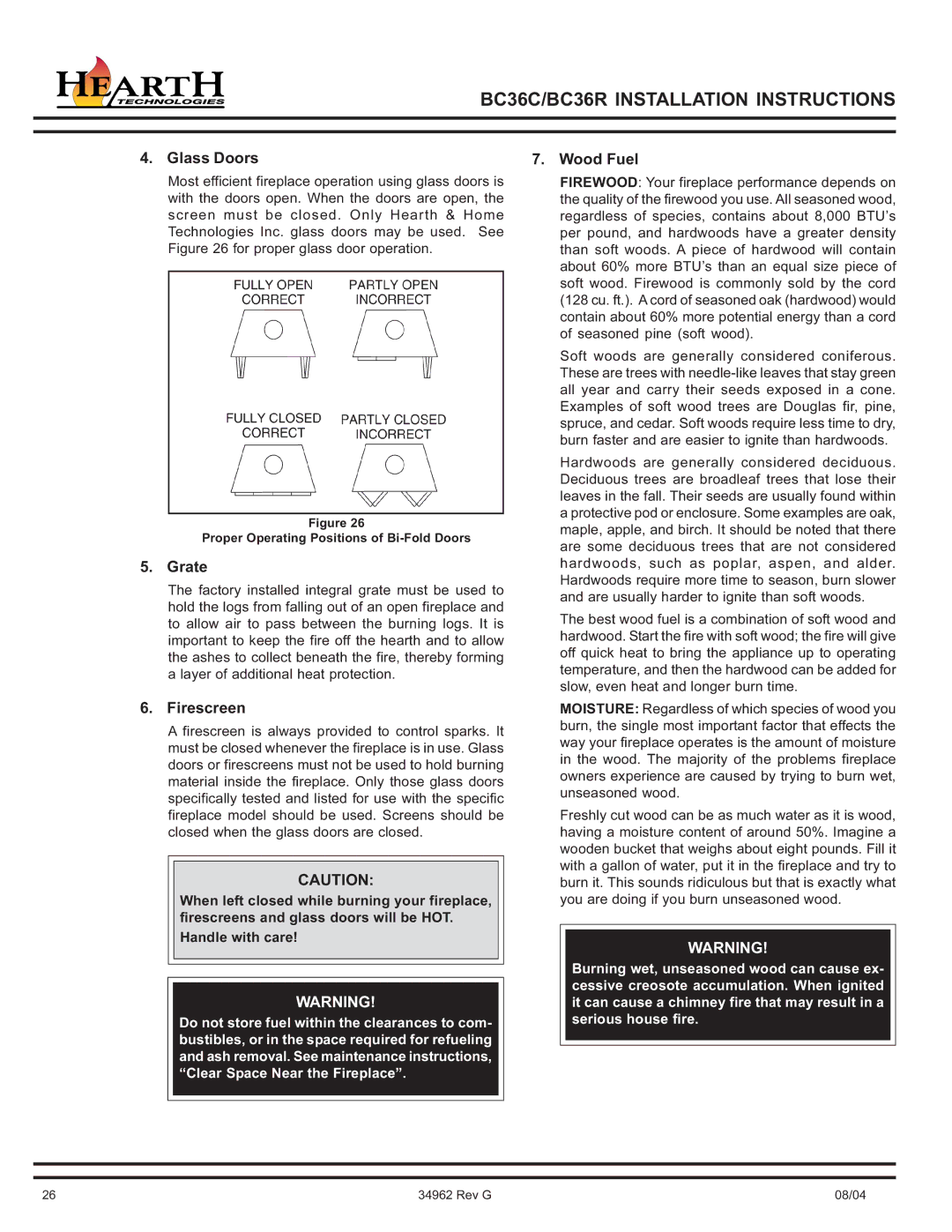 Hearth and Home Technologies BC36C operating instructions Grate, Firescreen, Wood Fuel 