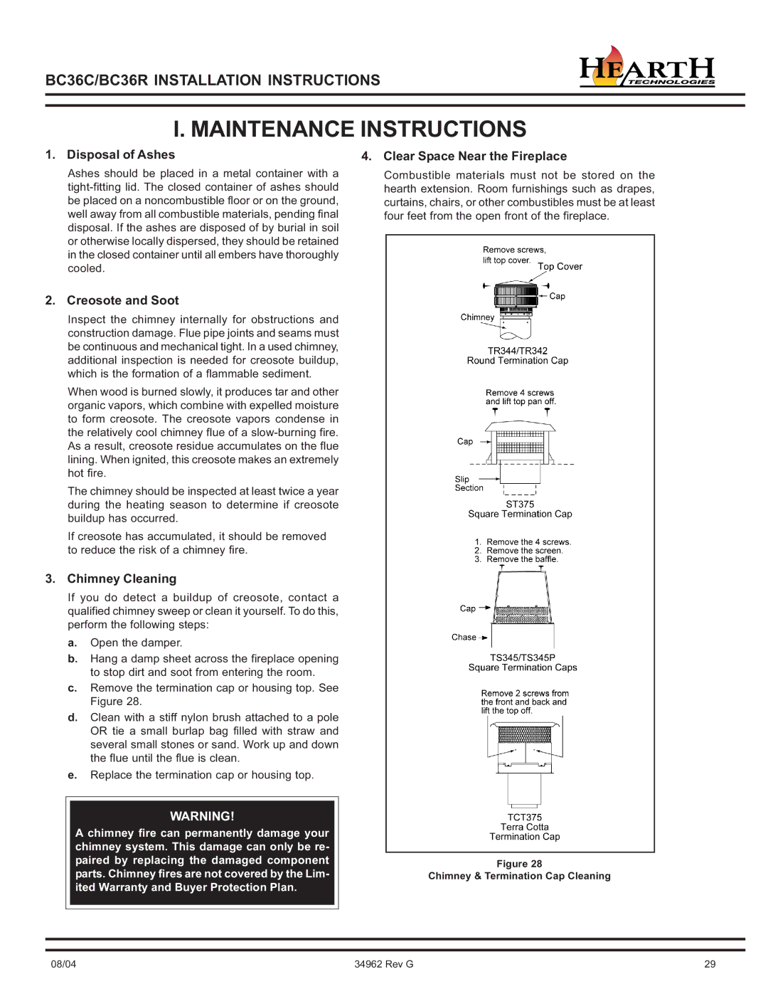 Hearth and Home Technologies BC36C Maintenance Instructions, Disposal of Ashes Clear Space Near the Fireplace 