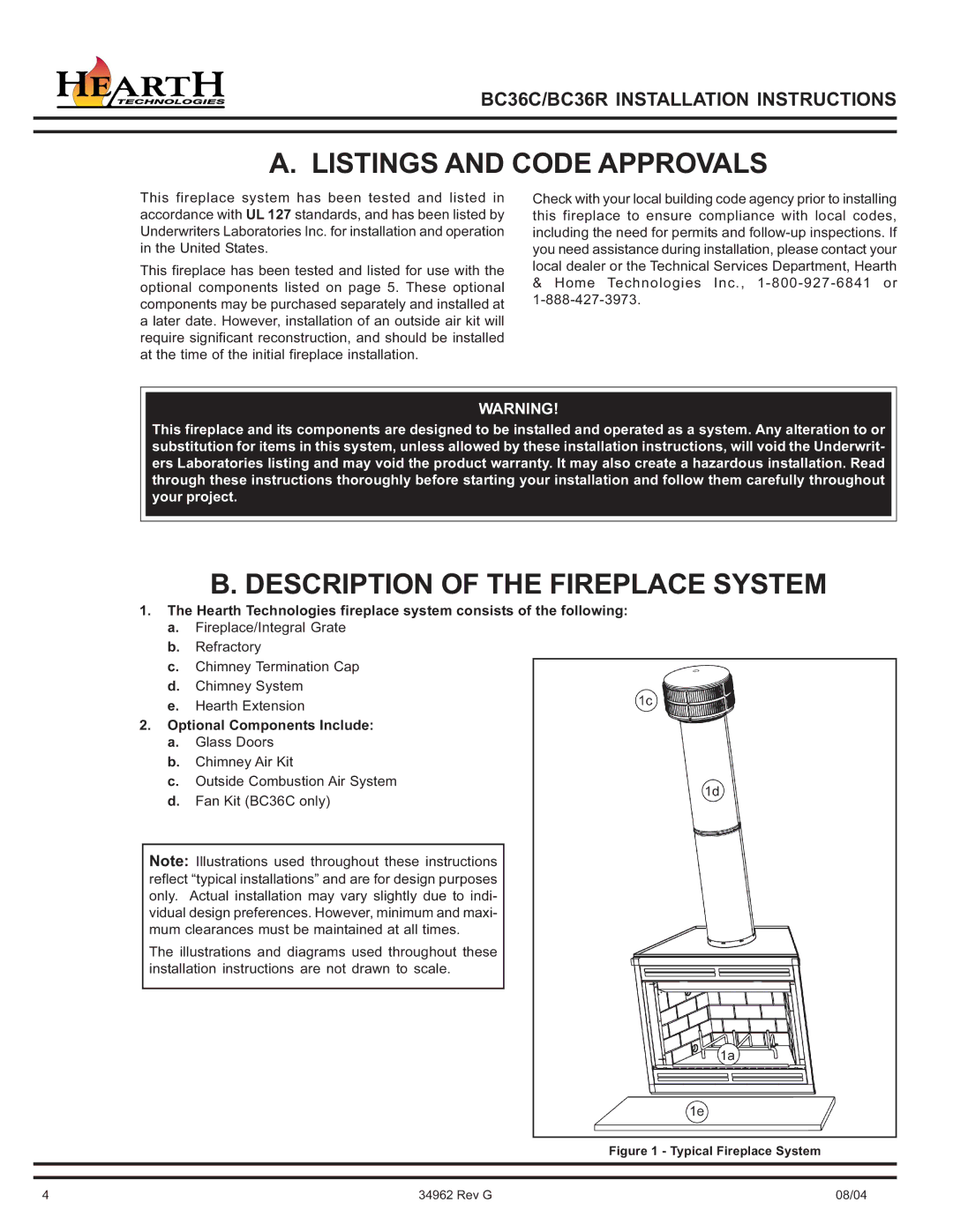 Hearth and Home Technologies BC36C operating instructions Listings and Code Approvals, Description of the Fireplace System 