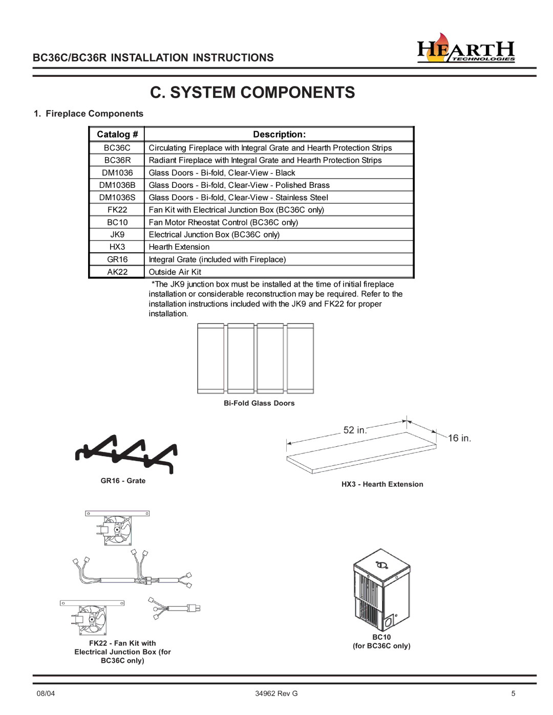 Hearth and Home Technologies BC36C operating instructions System Components, Fireplace Components 