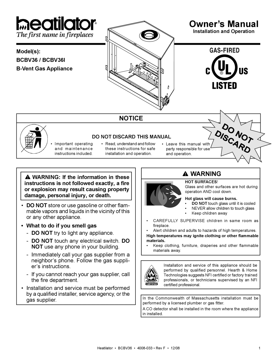 Hearth and Home Technologies BCBV36I owner manual Models, Vent Gas Appliance, What to do if you smell gas 